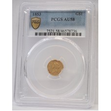 UNITED STATES OF AMERICA 1853 . ONE 1 DOLLAR . GOLD COIN . PCGS GRADED AU58